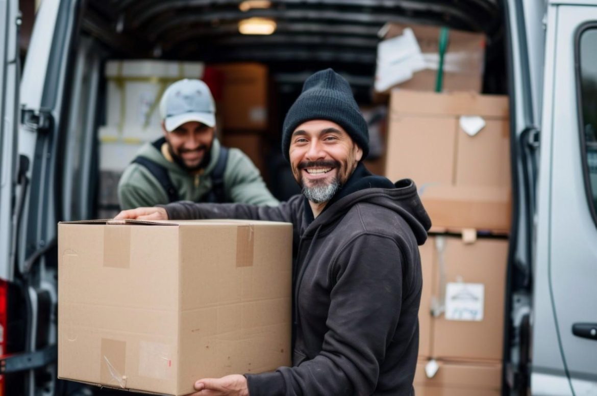 Deux déménageurs professionnels souriants chargent des cartons dans un camion grâce à une autorisation de stationnement déménagement.