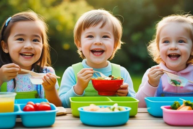 Trois jeunes enfants assis à une table en extérieur sourient largement en dégustant des aliments variés dans le cadre de leur diversification alimentaire.