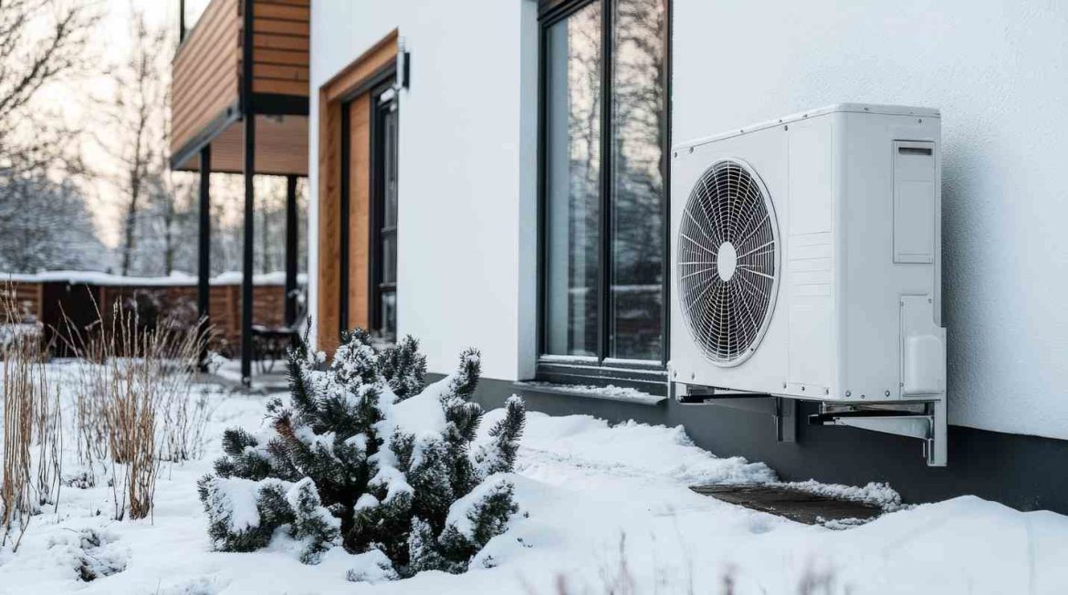 Une pompe à chaleur extérieure installée le long d'un mur blanc de maison dans un paysage enneigé, illustrant le choix chauffage maison neuve norm